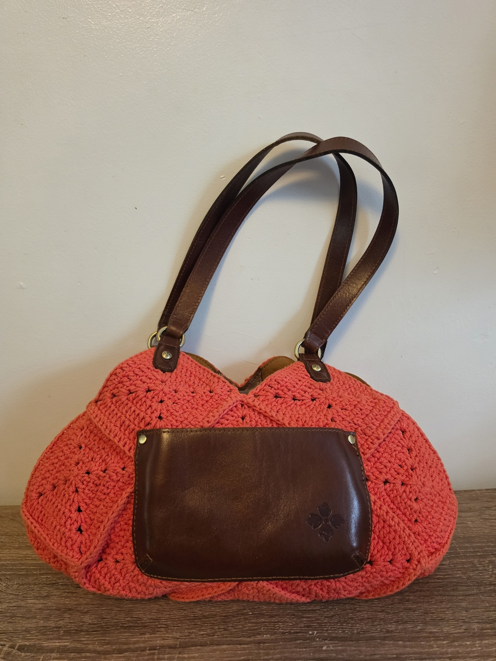 Patricia Nash Dimond Crochet Coral Shoulder Bag with Brown Leather Accents 16.5"